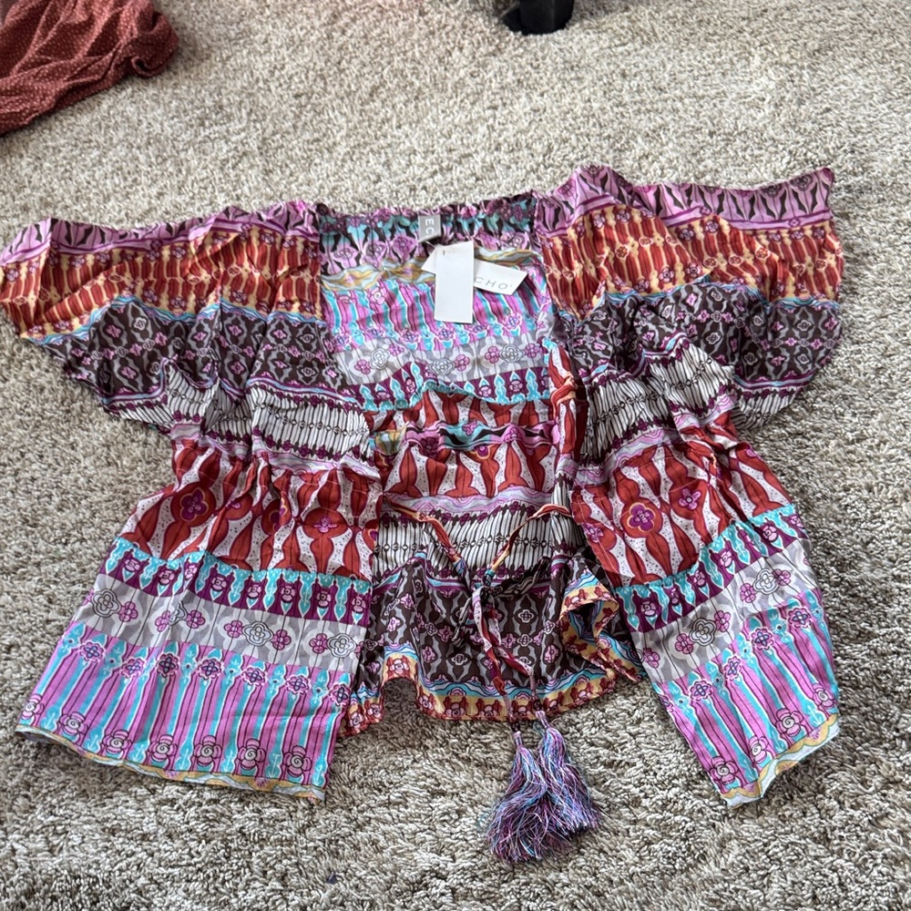 Echo 100% Silk Multicolor Bohemian Blouse Tie Tassels Cinches at Waist.